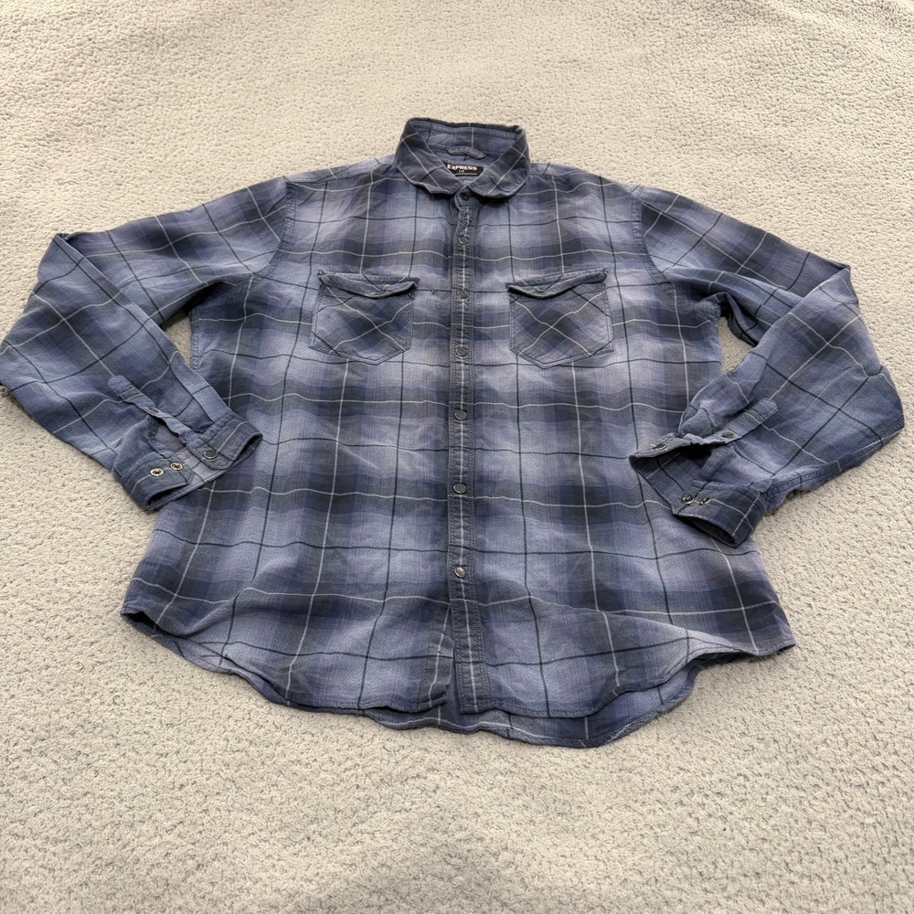 Express Shirt Mens Large Blue Grey Plaid Snap Button Long Sleeve Cotton